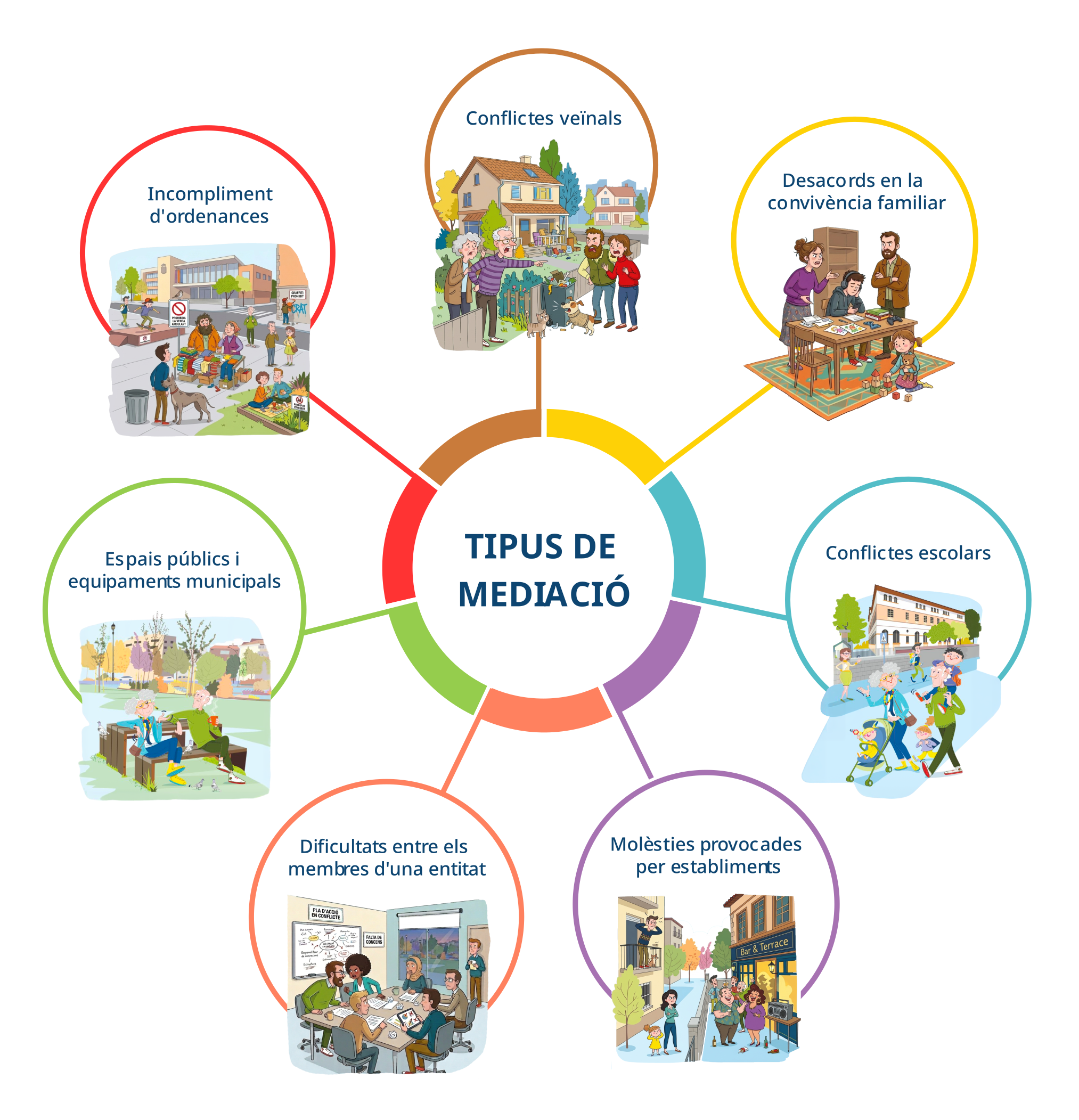 Infografia amb set il·lustracions al voltant d'un cercle central titulat "Temes tractats en la mediació comunitària": conflictes veïnals, familiars, escolars, molèsties d'establiments, dificultats en entitats, espais públics i incompliment d'ordenances.