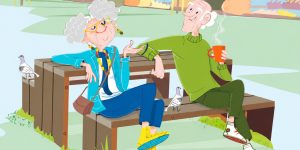Il·lustració de dues persones grans passant el temps en un banc