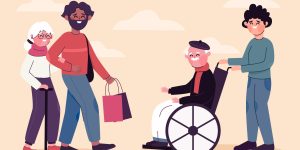 Il·lustració de dues persones joves ajudant a dues persones grans: un home acompanya una dona amb bastó que porta bosses de la compra, i una dona empeny un home gran en cadira de rodes.