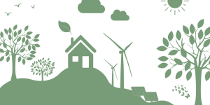 Il·lustració sobre sostenibilitat i estalvi energètic amb una casa, arbres i plaques solars